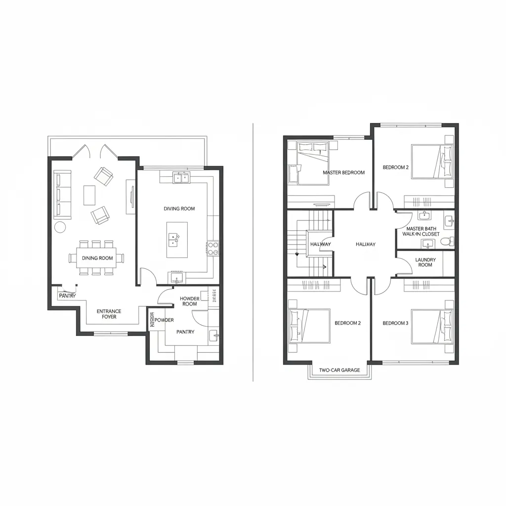 Plano arquitectónico de una casa moderna de dos pisos