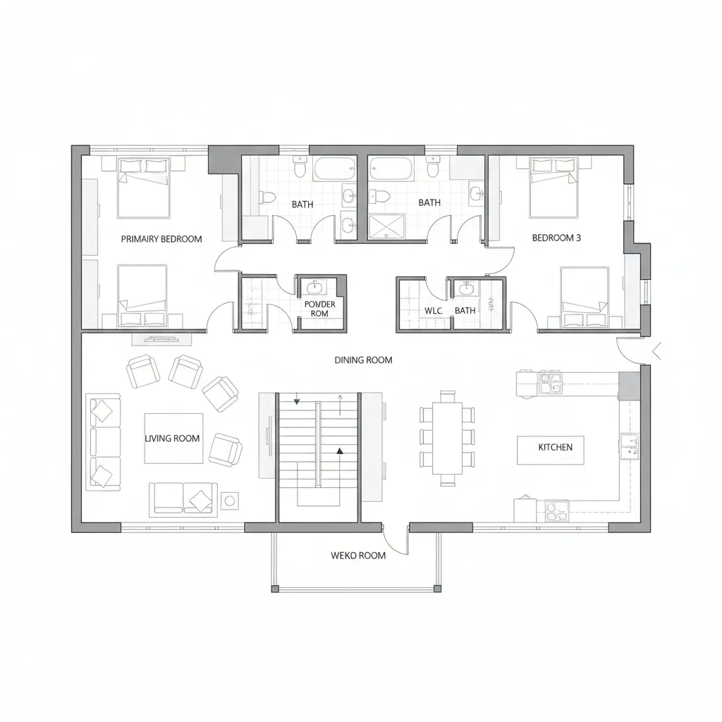 Plano de distribución de casa sencilla de dos pisos con áreas sociales abajo y dormitorios arriba
