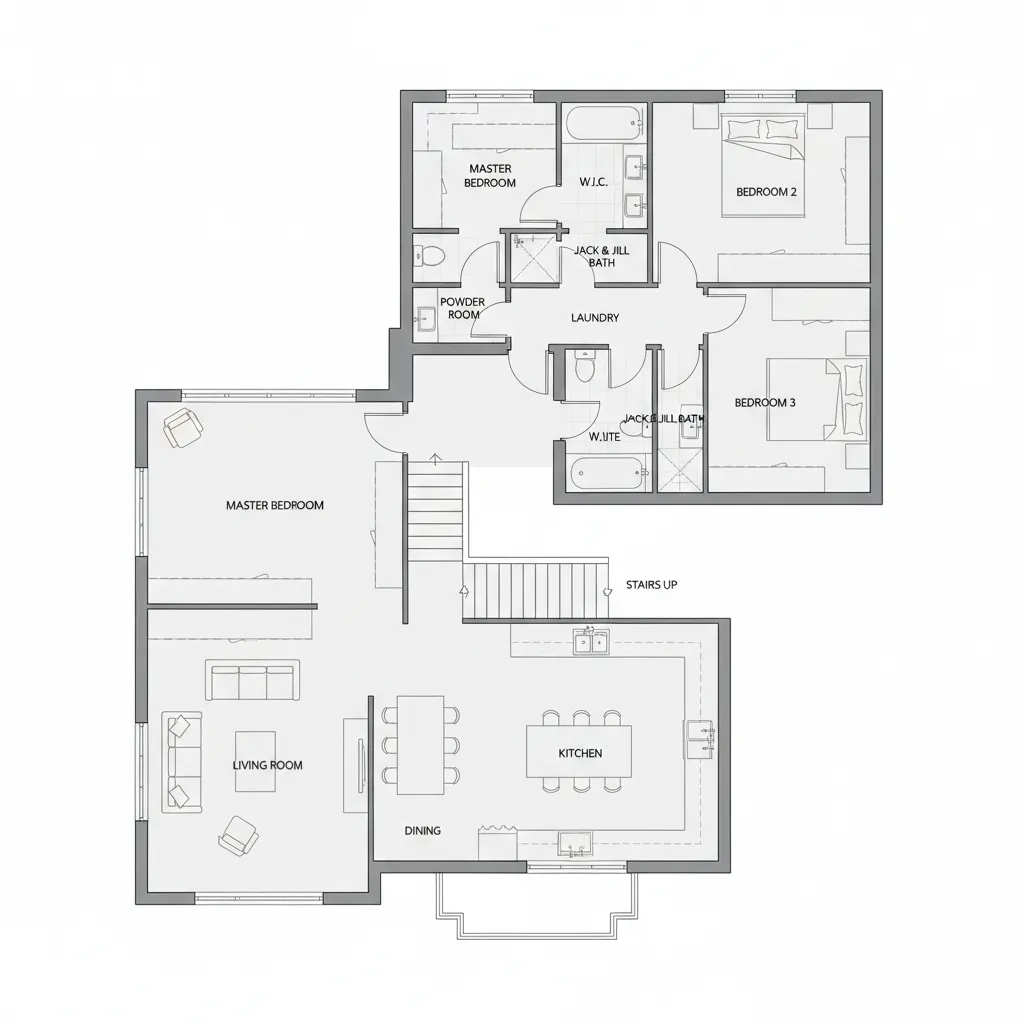 Plano arquitectónico de una casa de dos pisos con distribución de habitaciones