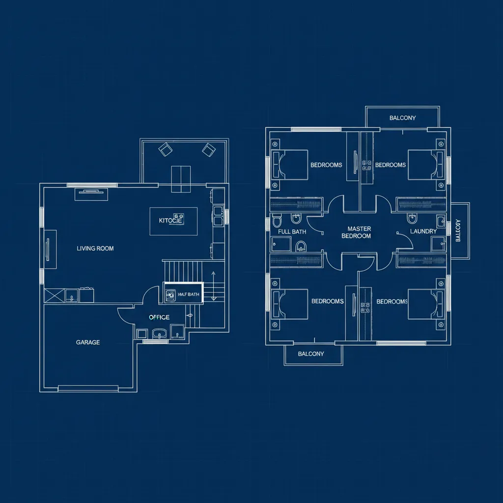 Plano arquitectónico de una casa familiar de dos plantas con zonas diferenciadas