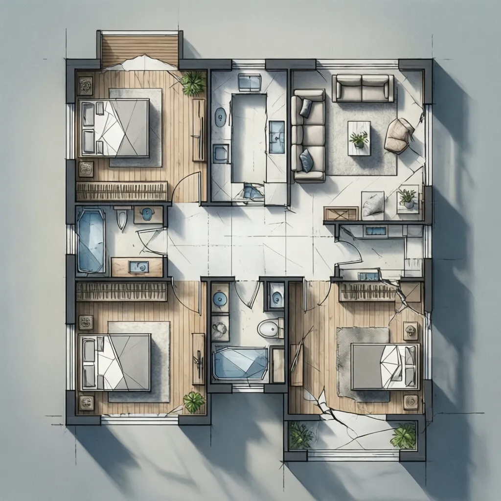 Interior design drawing of a home floor plan with three bedrooms living room and kitchen