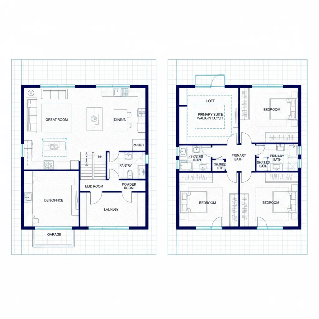 Plano de distribución de una casa de dos plantas