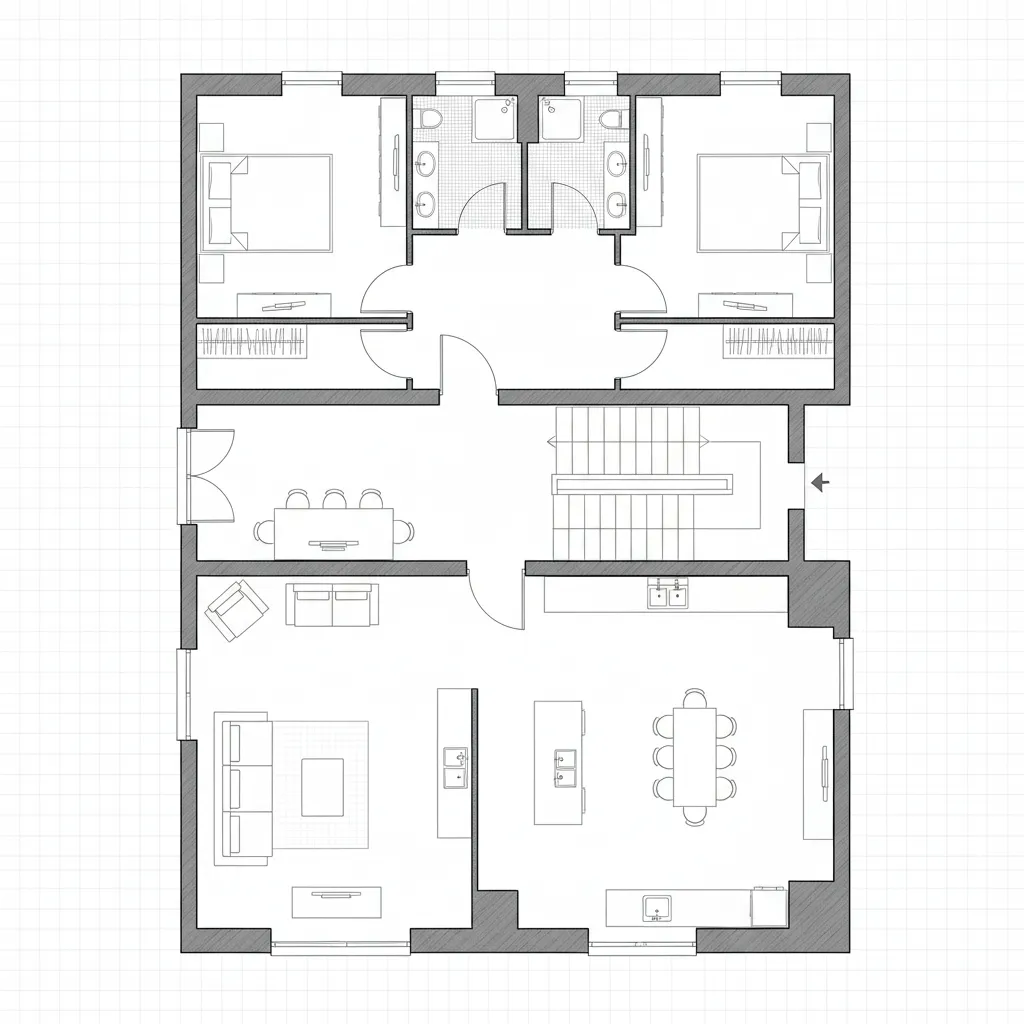 Plano de distribución de casa moderna de dos pisos