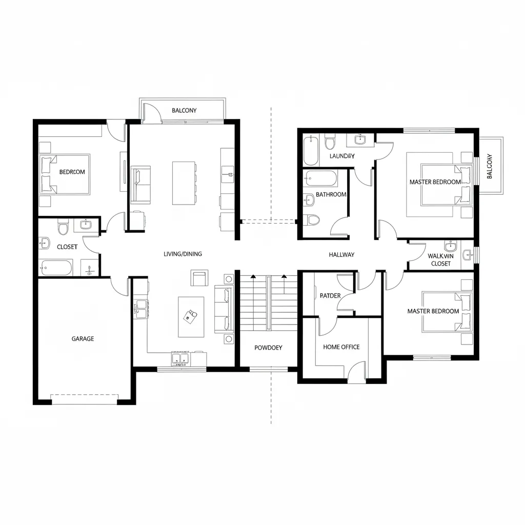 Plano arquitectónico de casa moderna de dos pisos