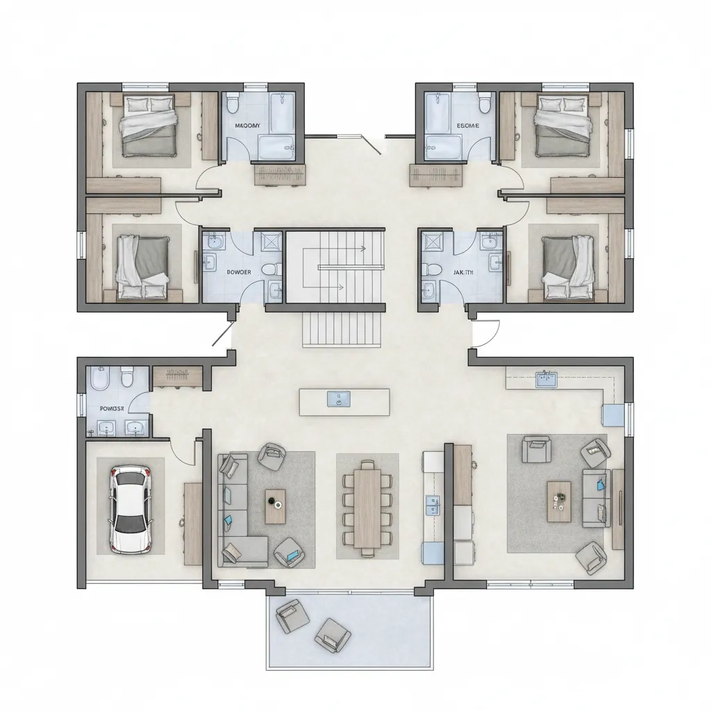 Plano arquitectónico de una casa moderna de dos pisos con distribución abierta