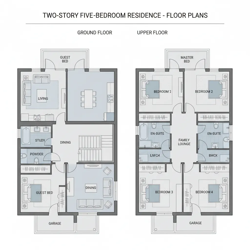 Detailed two story house layout design showing ground floor and upper floor with five bedrooms