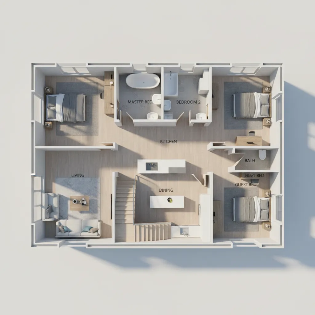 Modern 3D interior design drawing showing three bedrooms living room kitchen dining area and stairs
