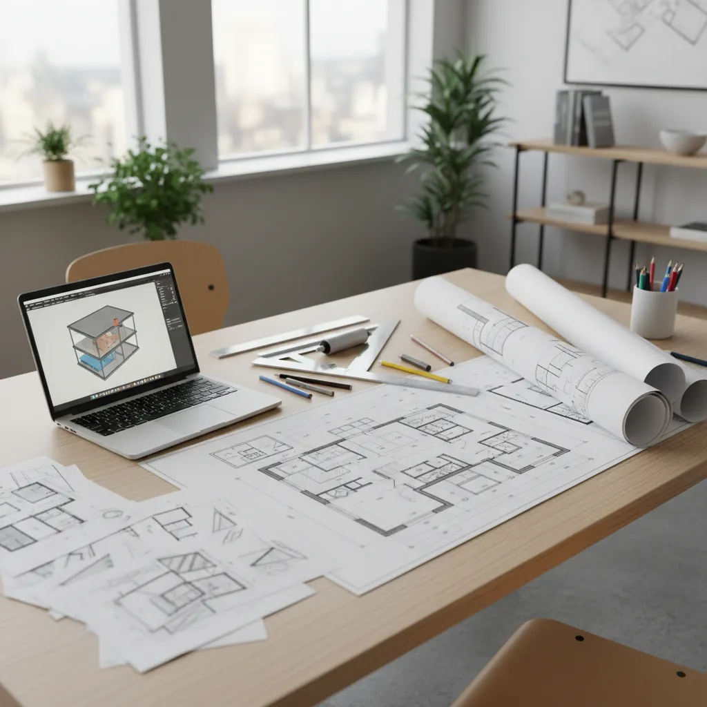 Architect reviewing two-story house floor plan drawings on a desk
