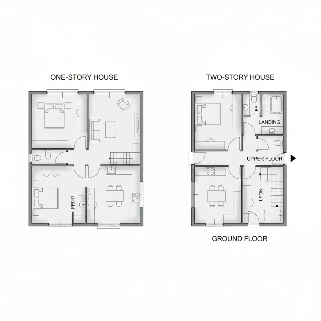 Architectural diagram comparing footprint of one-story and two-story house layouts