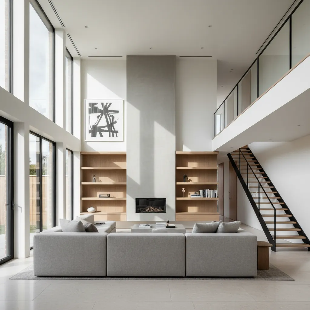 Interior con grandes ventanales verticales en casa de dos plantas