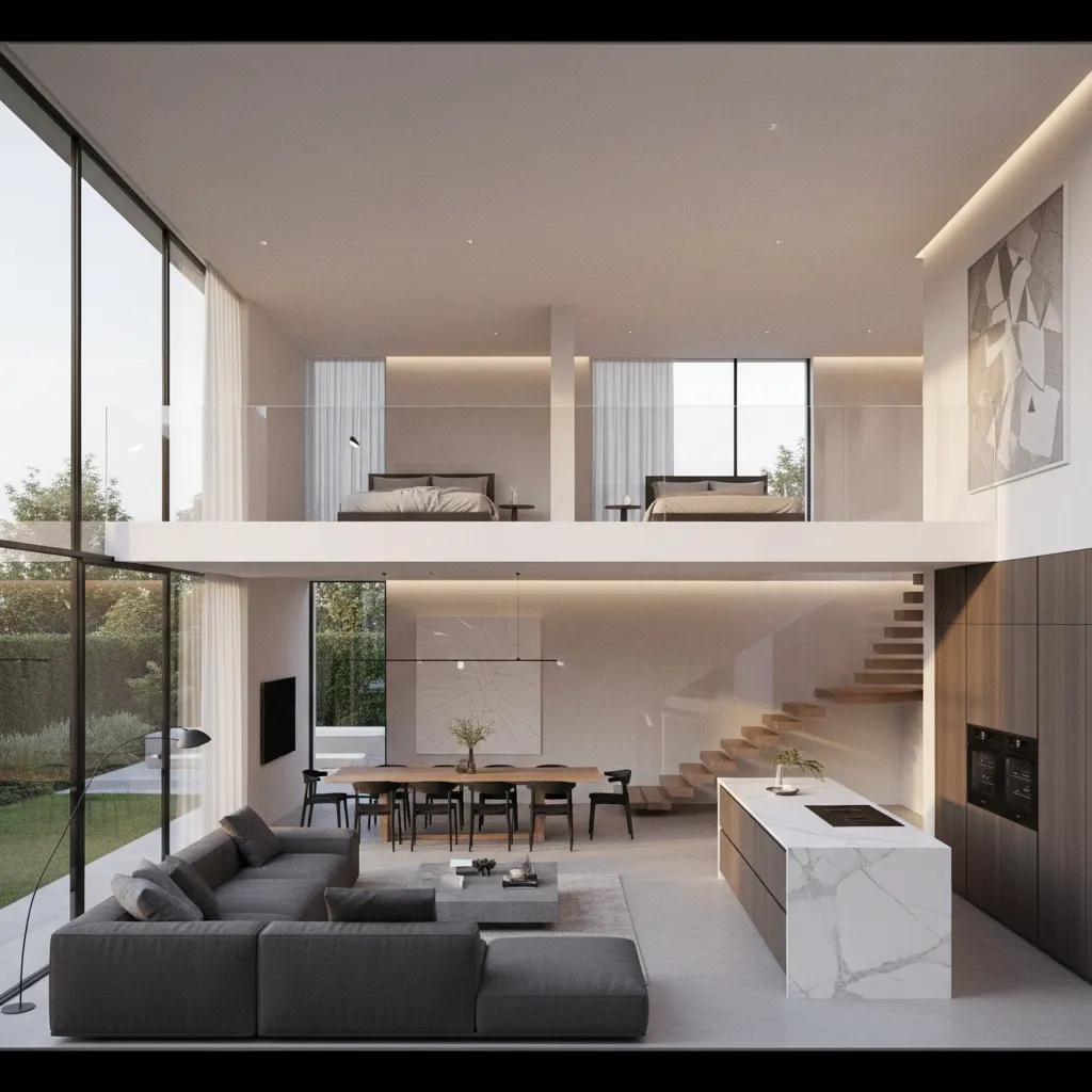 Visualización de una casa moderna de dos plantas con distribución abierta