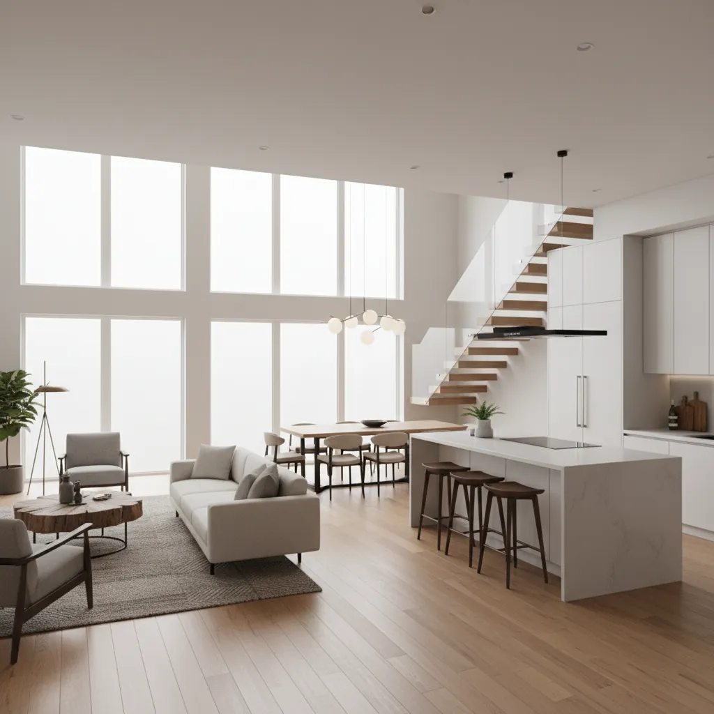 Modern open plan living room with white sofa wooden stairs kitchen island and large bright windows