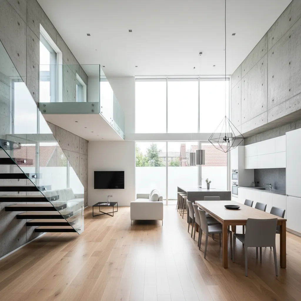 Modern open living room with concrete walls glass stairs white sofa wooden table and chairs