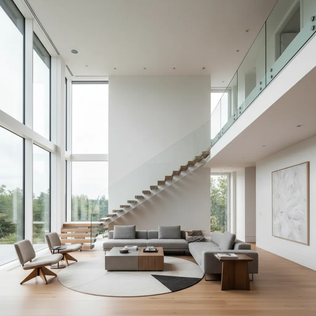Sala moderna con doble altura en casa de dos pisos