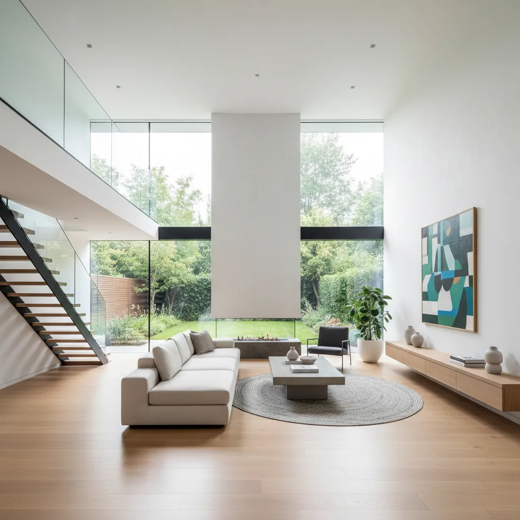 Interior de casa moderna de dos plantas con salón abierto y ventanales grandes