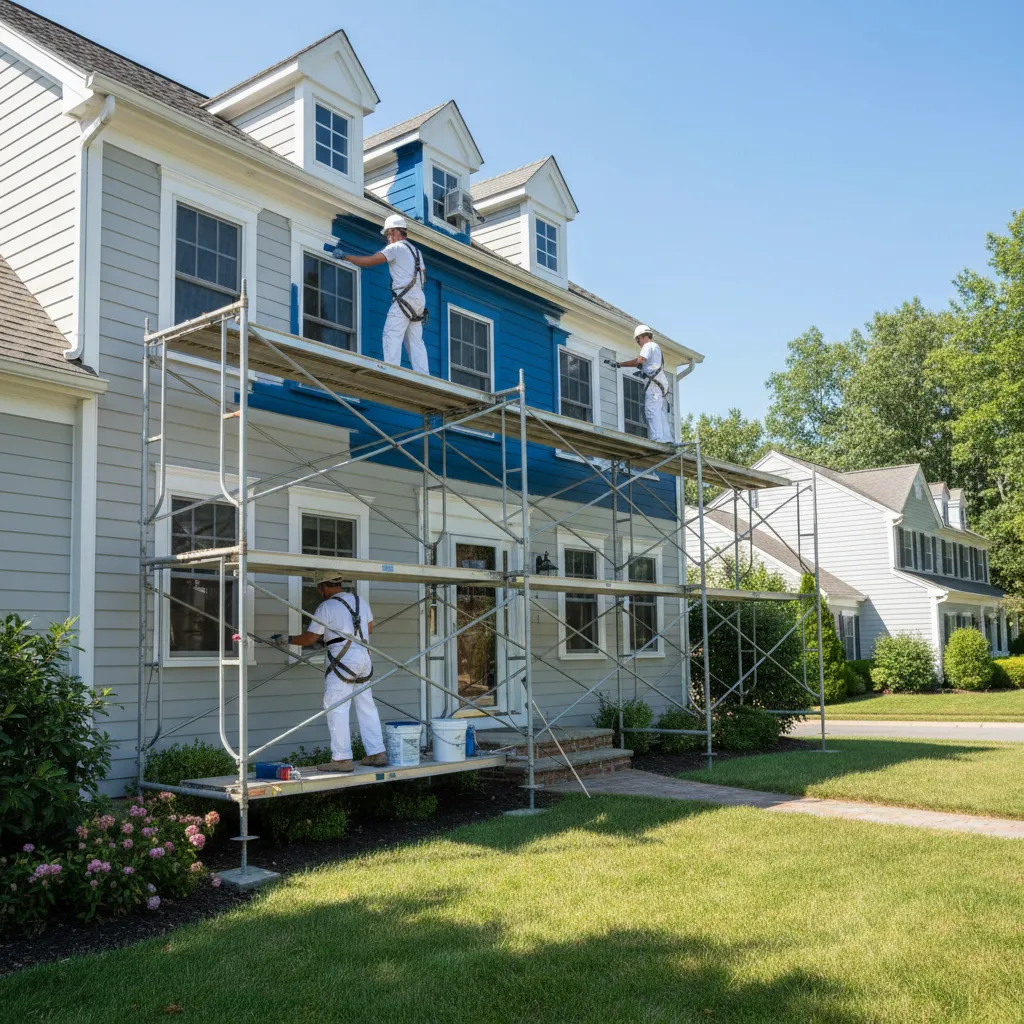 painters using scaffolding to repaint a two story house exterior
