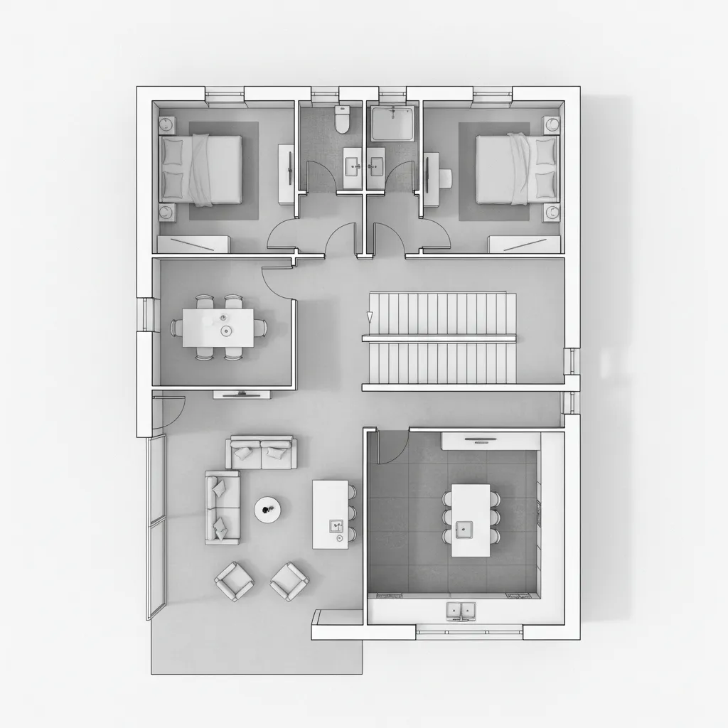 two story house floor plan showing central staircase circulation