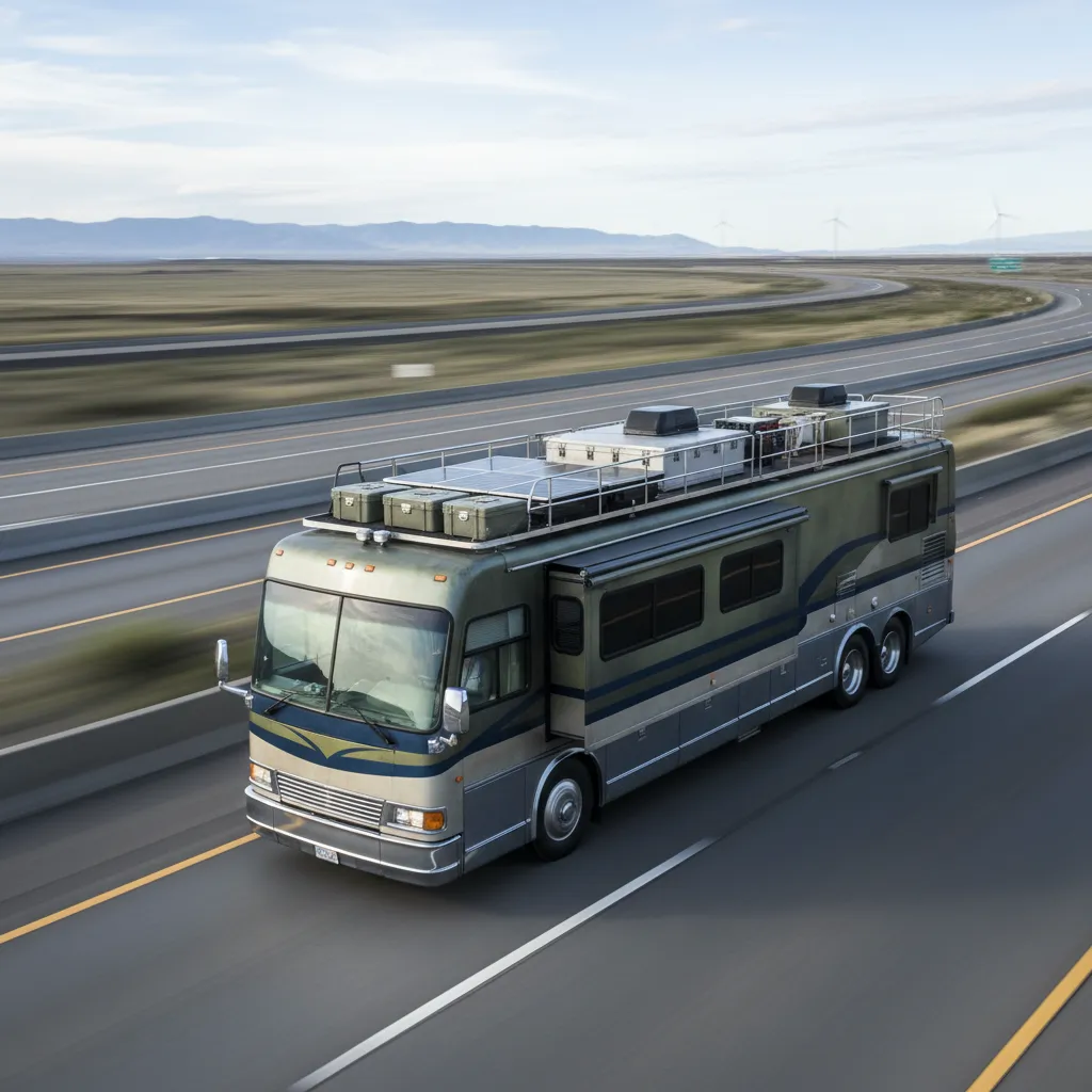 tall RV with second level driving on highway showing high center of gravity concept