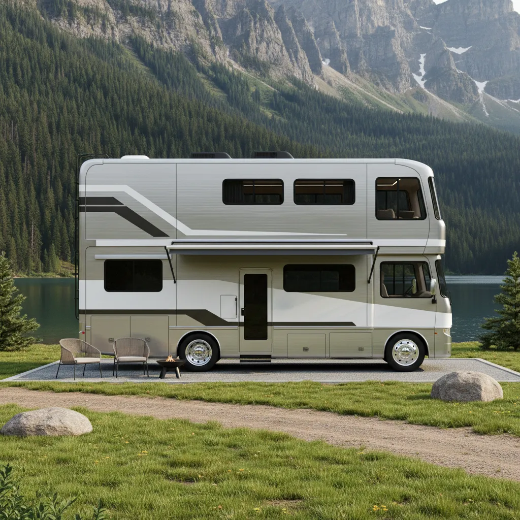 Modern two story RV parked outdoors showing overall height and structure