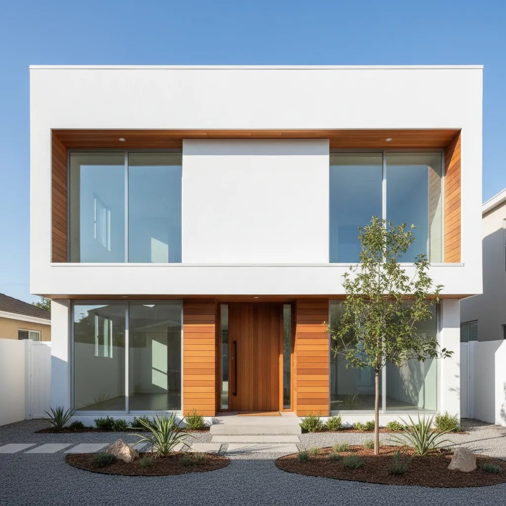 Fachada de una casa sencilla de dos pisos con líneas rectas y grandes ventanas