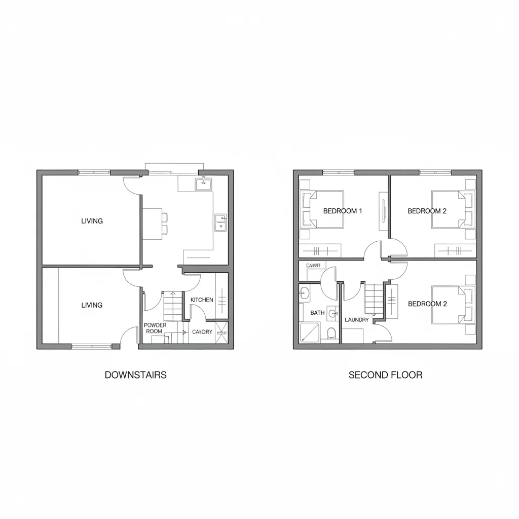 Plano de casa pequeña de dos pisos con distribución funcional