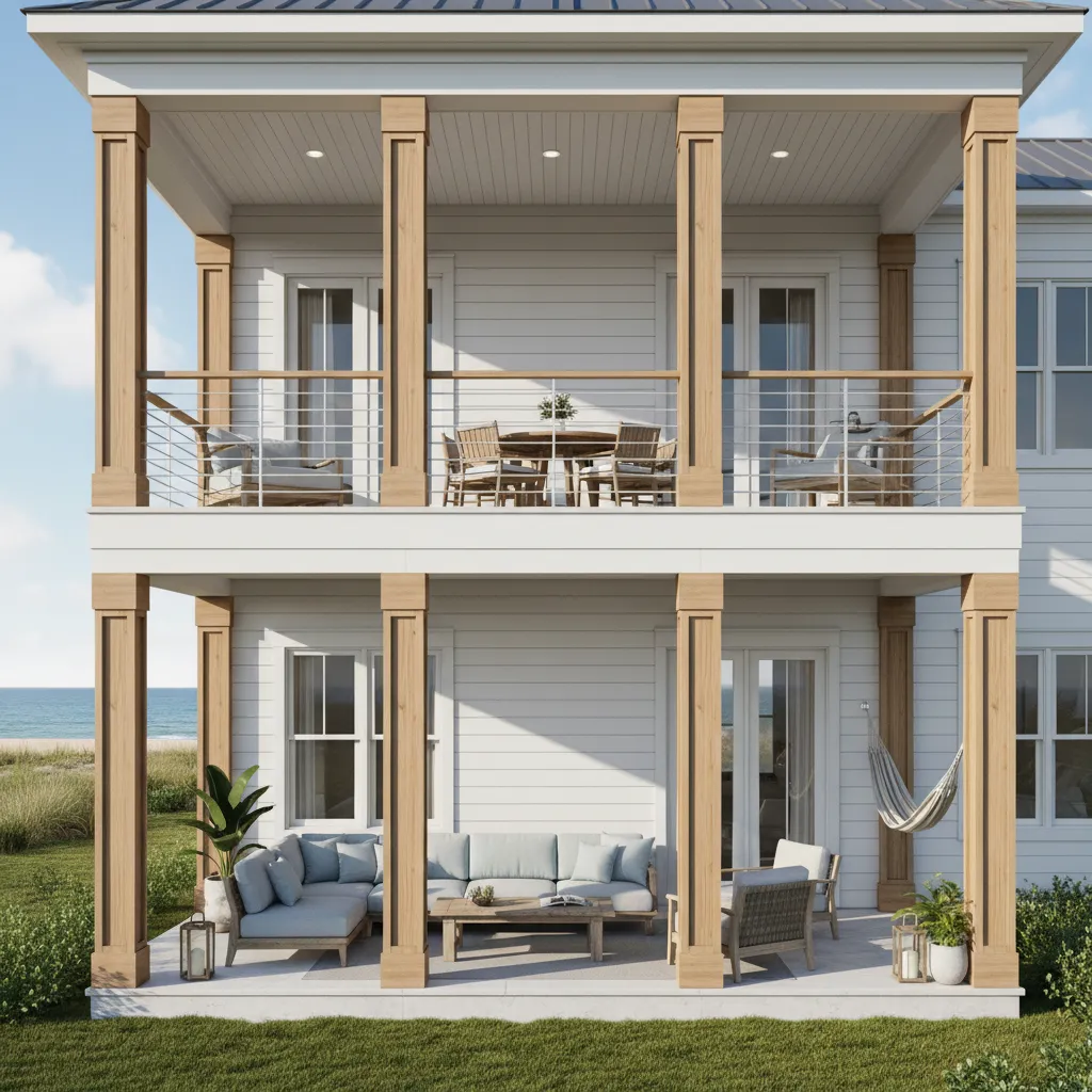 Modern coastal house with stacked two story porch balconies