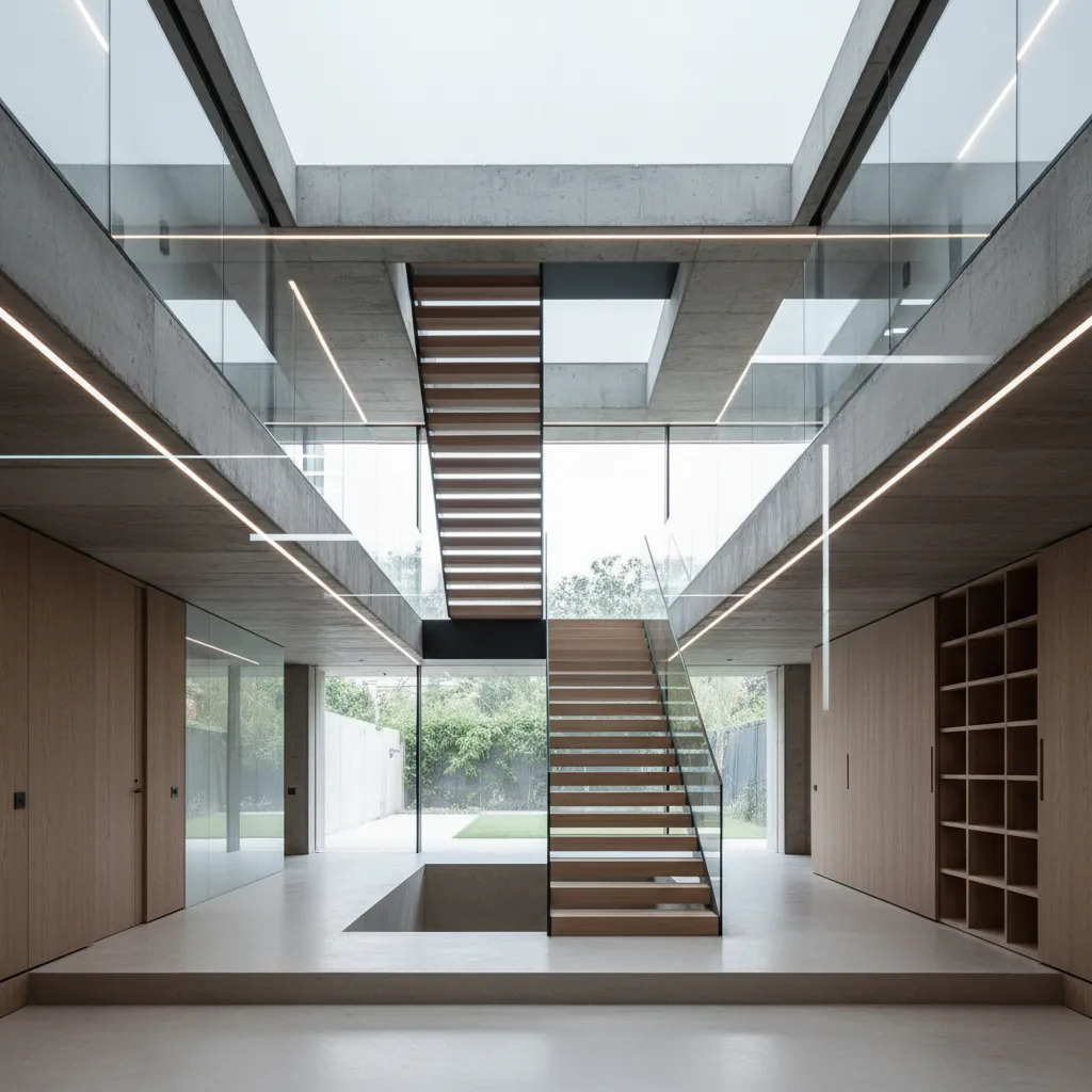 Modern concrete building interior with wooden stairs glass railings light fixtures and large garden view windows