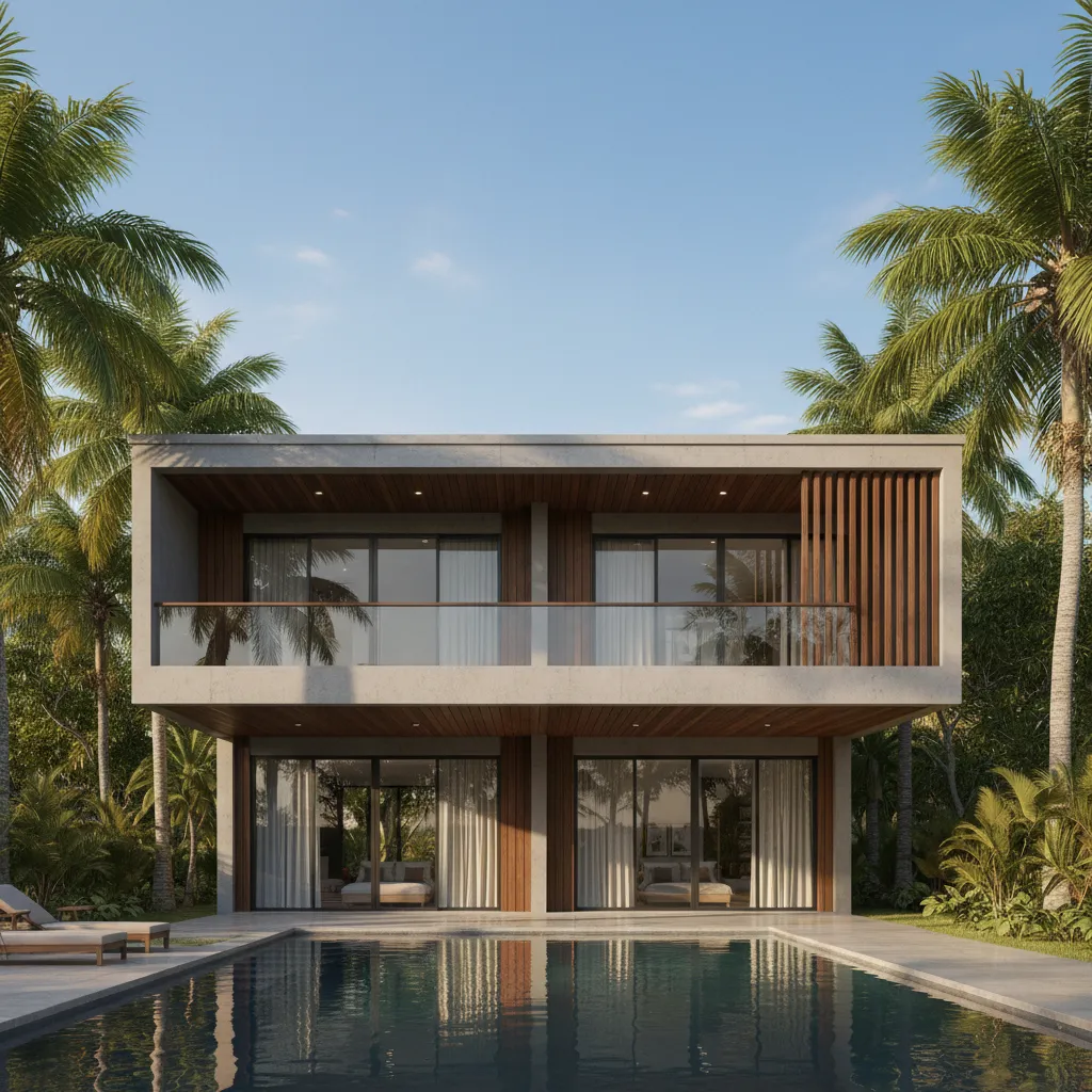 Casa de dos plantas con balcón en clima tropical