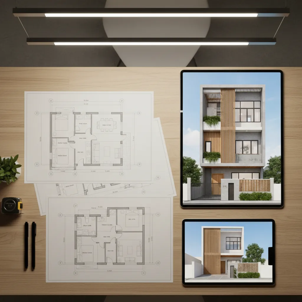 Wooden desk with paper floor plans and tablets showing modern house interior design drawing and views