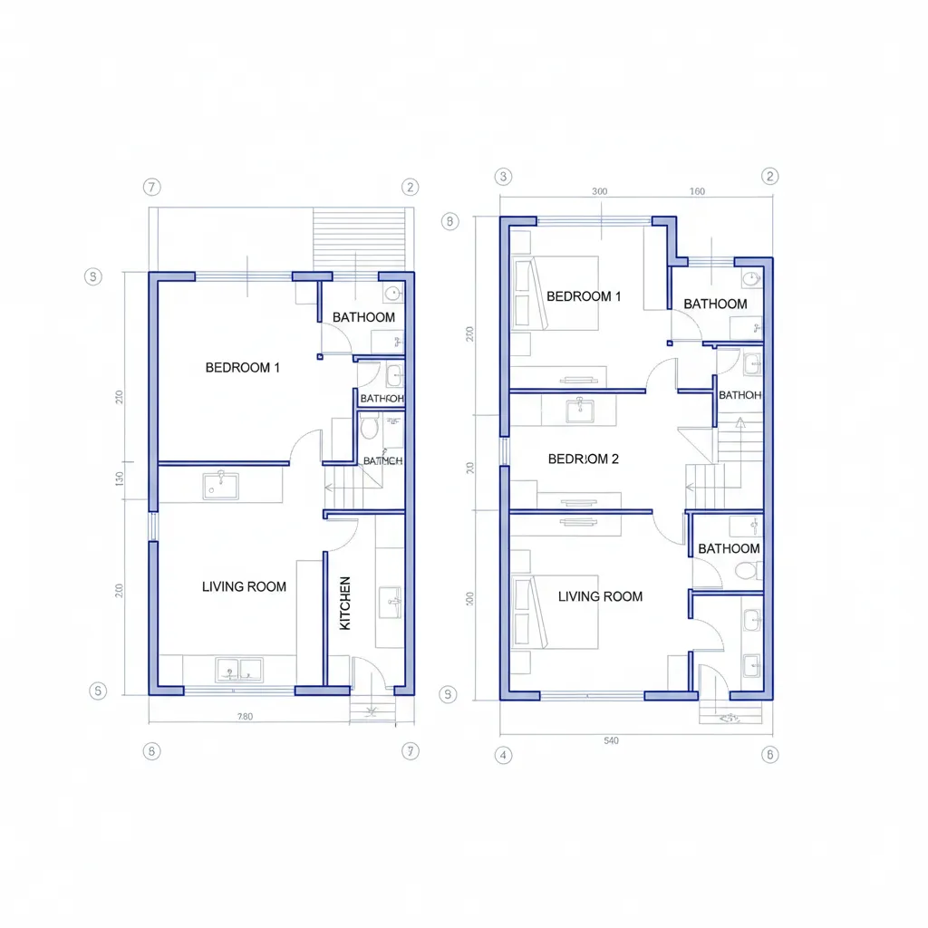 Detailed 2D floor plan drawing of two levels featuring multiple bedrooms bathrooms and living space