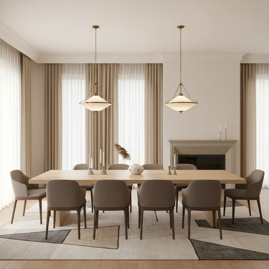 two evenly spaced swag lamps illuminating a long rectangular dining table