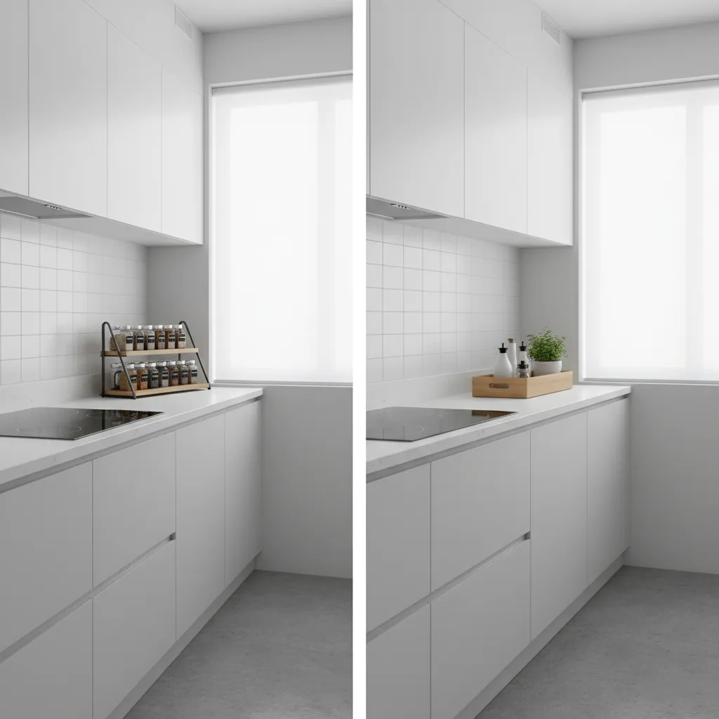 two tier rack organizer compared with single level tray organizer on kitchen counter