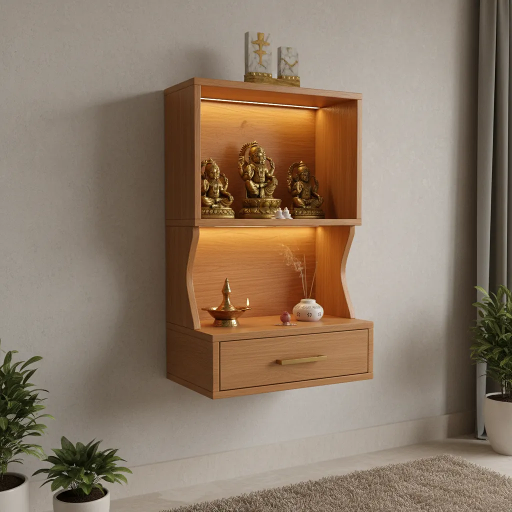two tier wall mounted temple shelf with storage drawer and lighting