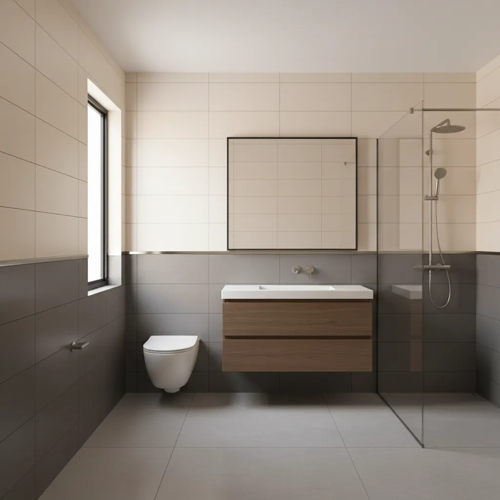 bathroom wall using two tone tile design with divider strip