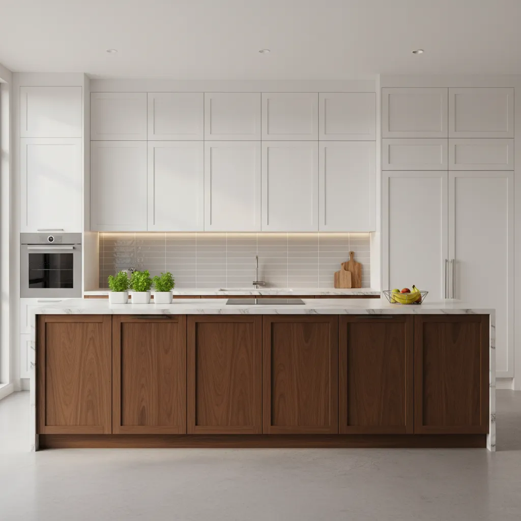 Two tone kitchen with white upper cabinets and brown lower cabinets