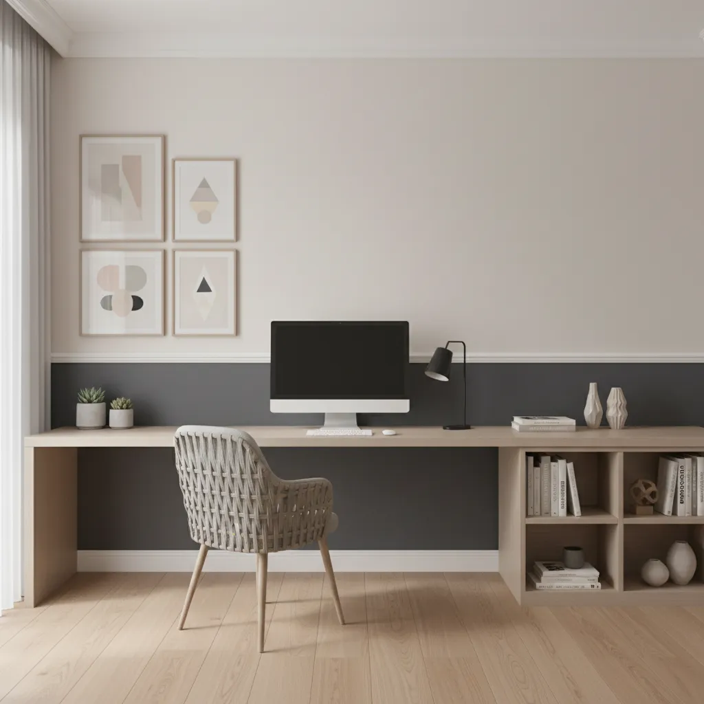 two tone wall color layout with chair rail in home office