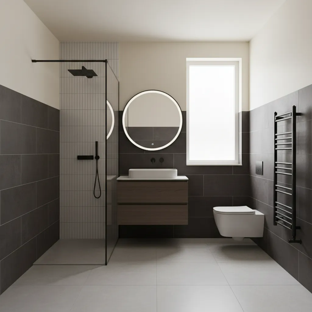 two tone bathroom wall with dark dado tiles and light upper wall