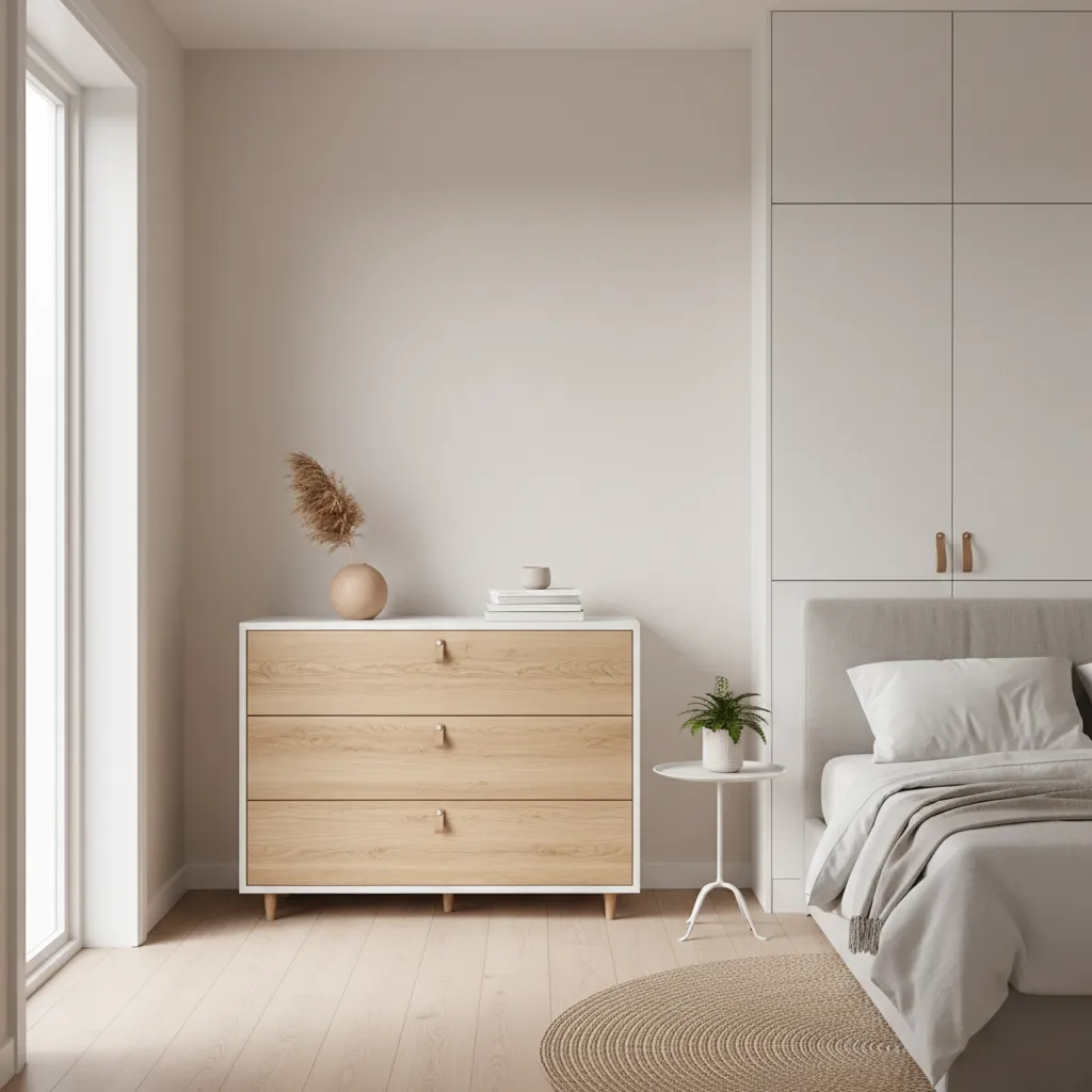 Two tone dresser with white body and natural wood drawers in a bright bedroom