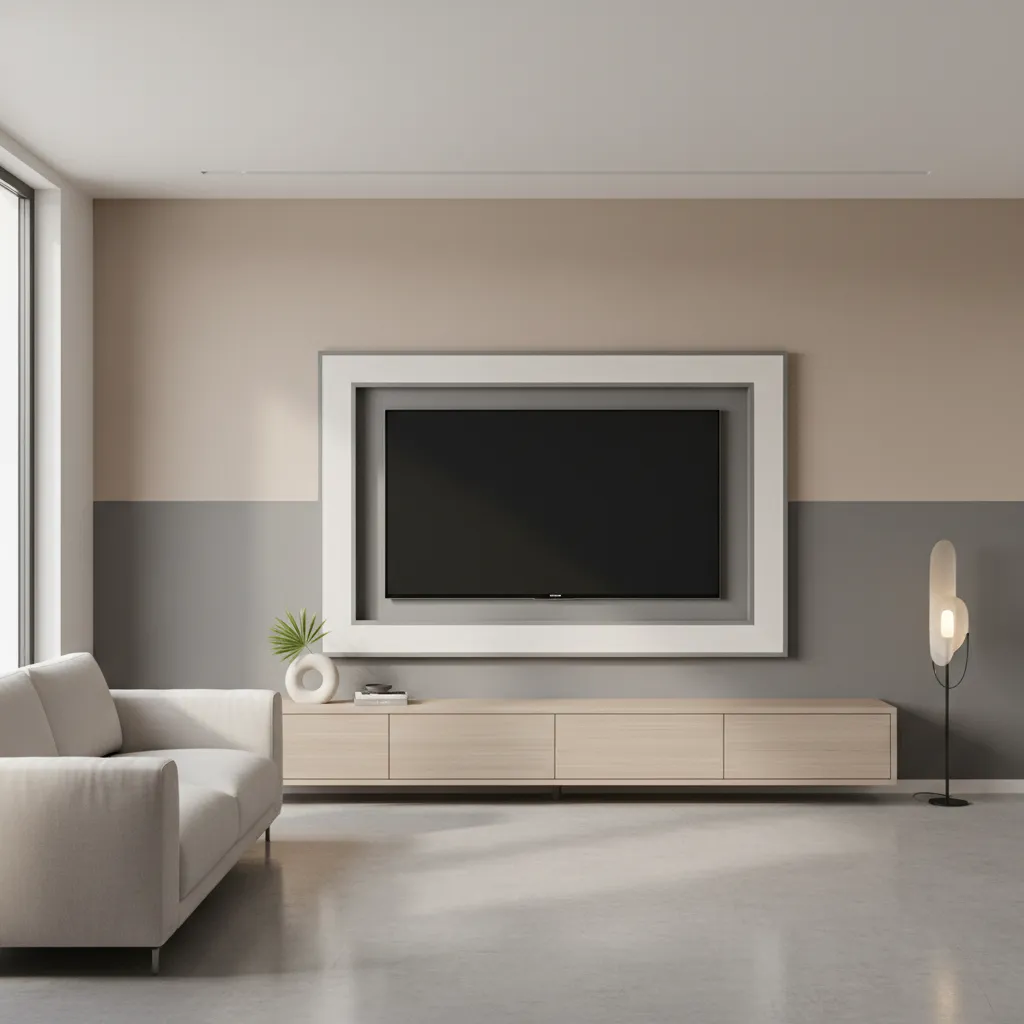 two tone framed paint design around wall mounted TV