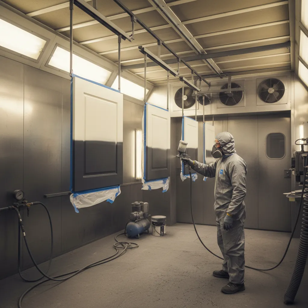 Furniture manufacturing workshop applying two-tone paint finishes using spray equipment