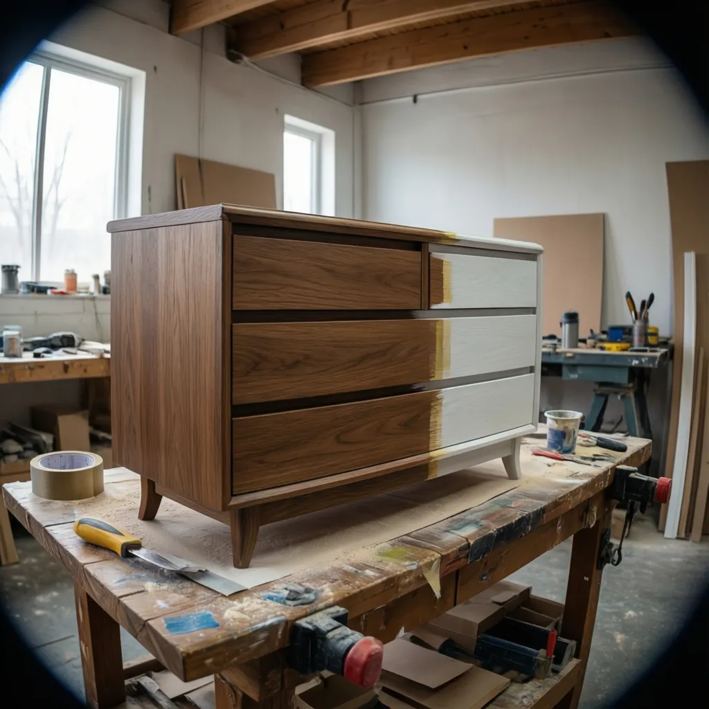 DIY workspace preparing furniture for two tone painting