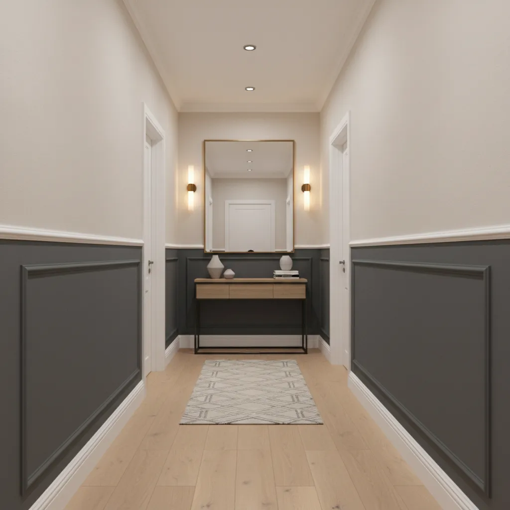 two tone hallway wall paint with light upper wall and darker lower panel