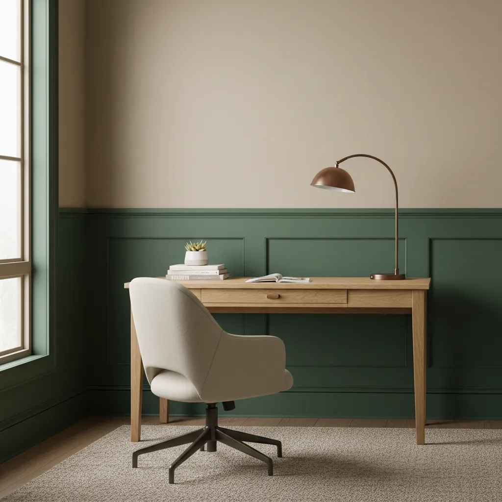 Two tone home office wall with darker lower section and light upper section