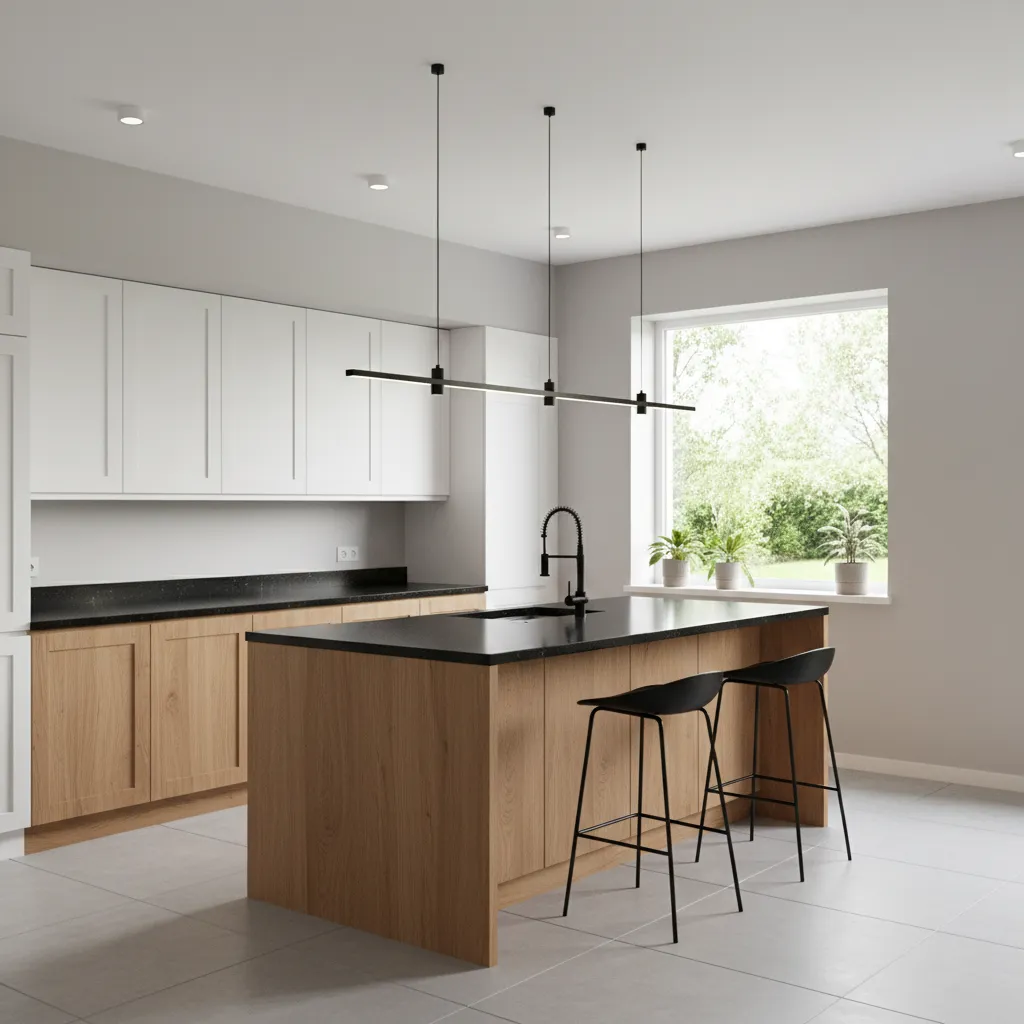 Two tone kitchen cabinets with black granite island
