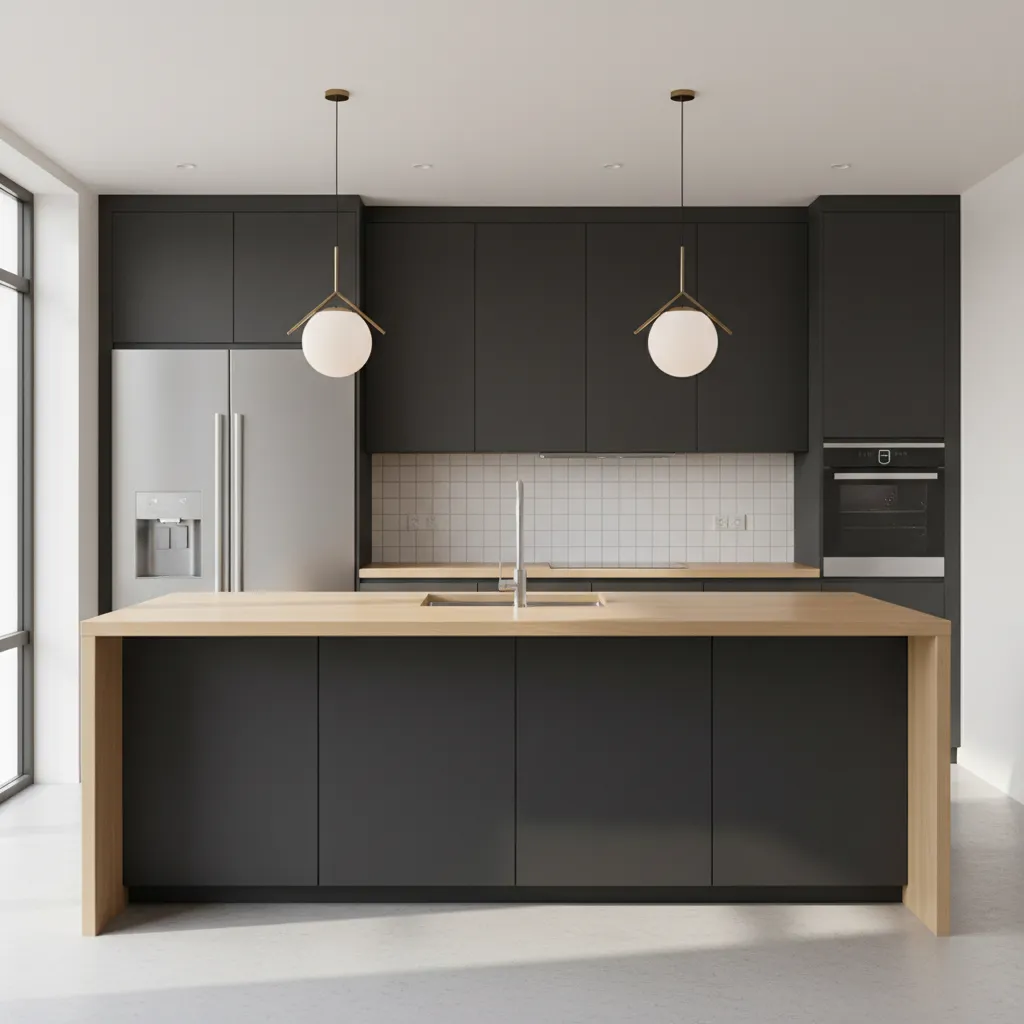 Kitchen island with dark base and light wood countertop showing contrast in two tone furniture design