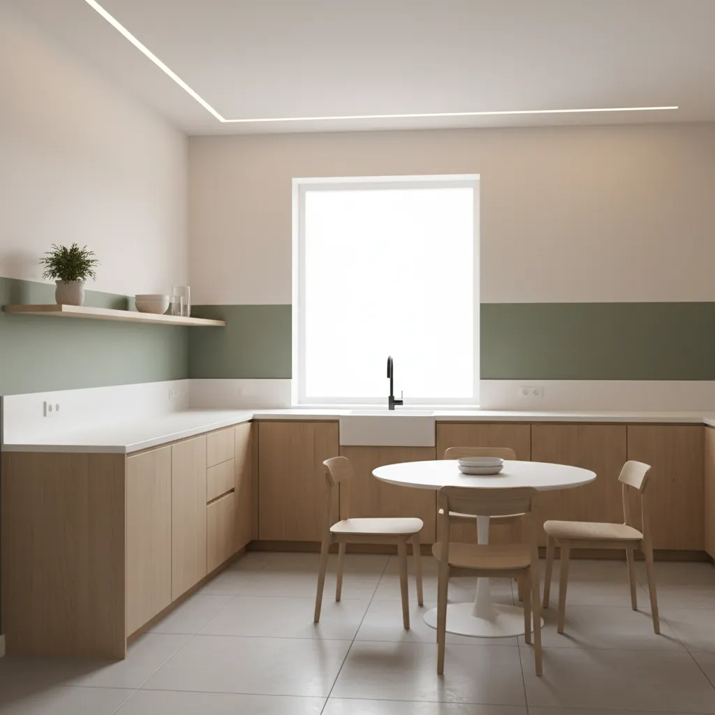 modern kitchen with soft two tone painted wall above countertop