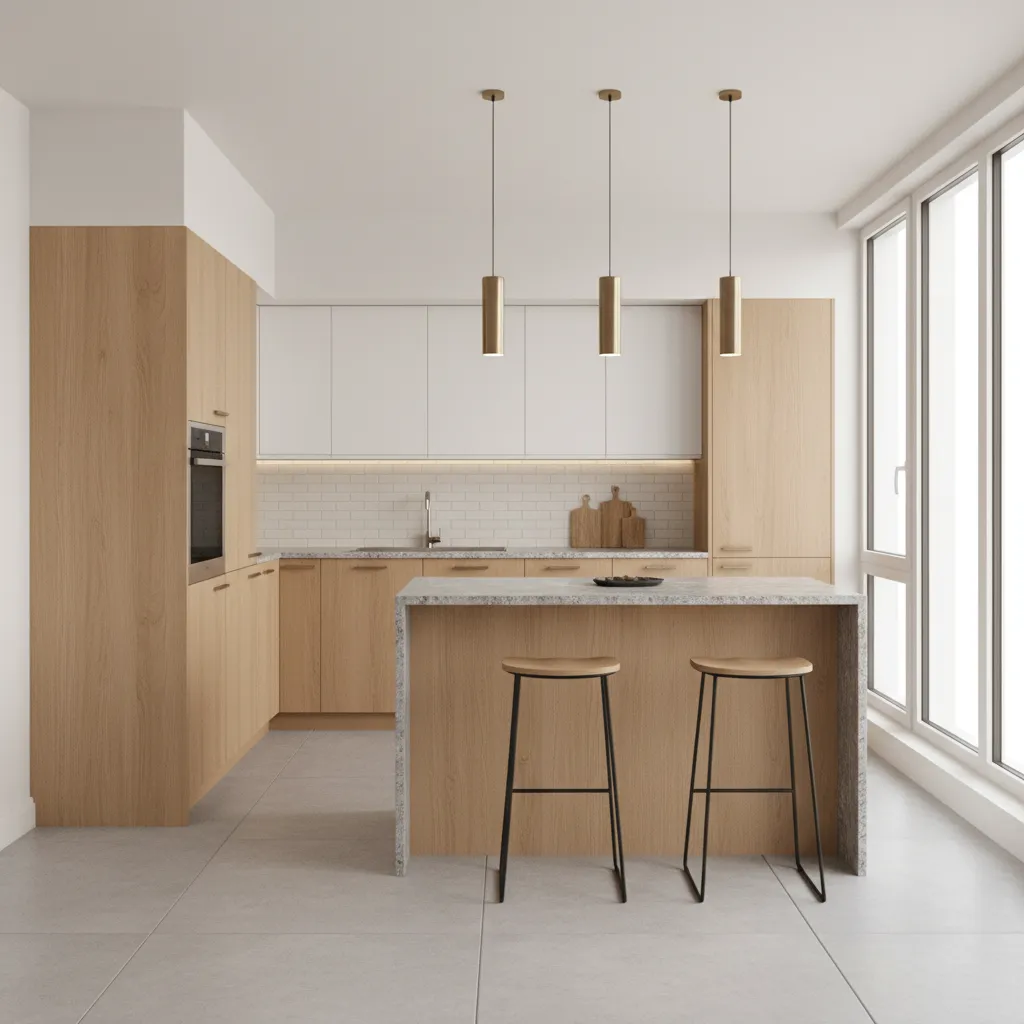 two tone laminate L shaped modular kitchen design with simple finishes