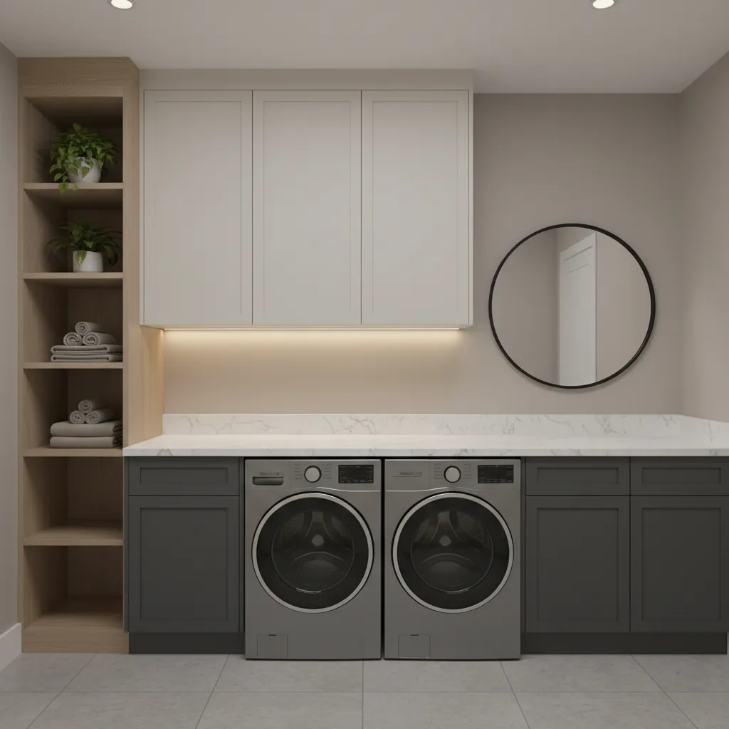 Two tone laundry room cabinets with light walls and darker base cabinets