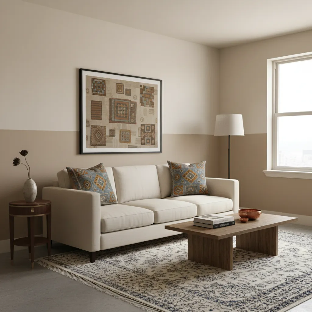 two tone living room wall paint design with light beige top and taupe bottom