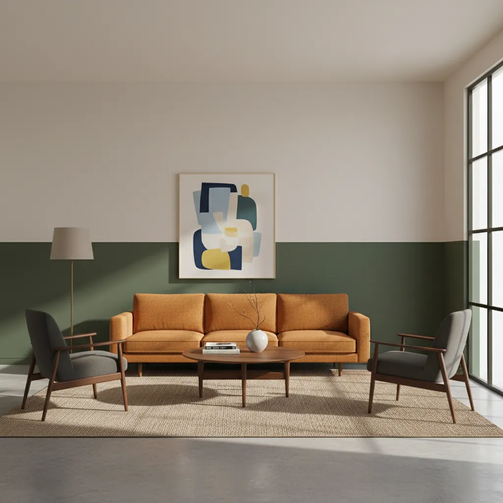 Living room with two tone wall paint design using darker lower section